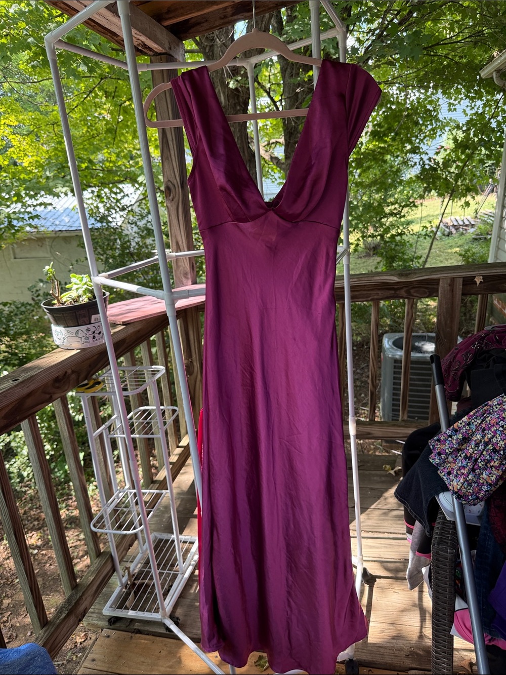 NWT Women's XS Plum V-Neck Satin Maxi Dress in Plum open back twist 55” long